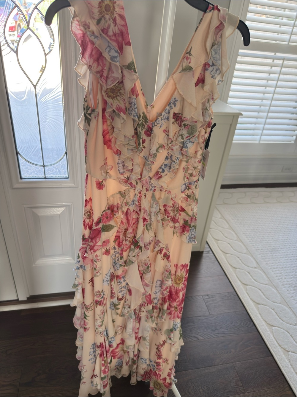 Kensie Floral Ruffle V-Neck Maxi Dress — Cream with Pink & Blue Blooms NWT